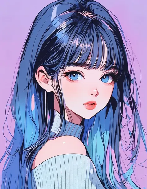 anime, realistic sketch, 1 girl, Unmatched beauty, Symmetrical Trimmed Neat Straight bangs, super long straight hair, eyeliner, sexy but innocent 1, Off shoulder sweater, border, beautiful and adorable girl, baby face, Blue gradient background, neon hair, ...