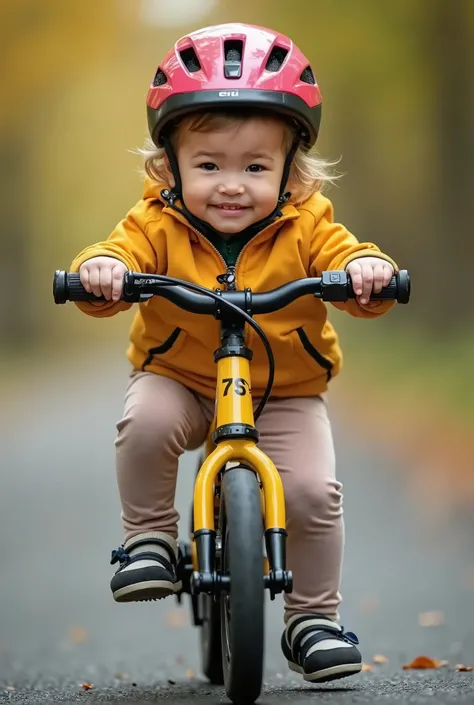 a child girl baby two year, wearing Bicycle Clothing, Riding a mini Gen 7 "Track" Type yellow Road Bike, Outdoor, UHD, DETAIL