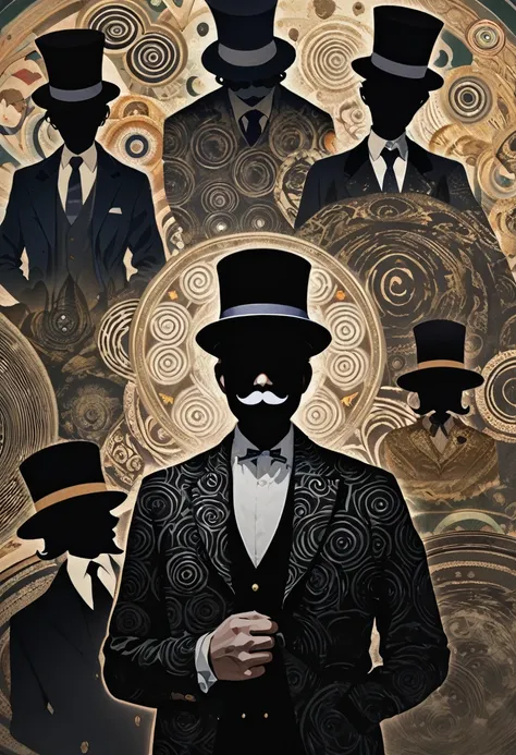 (masterpiece, best quality),(multiple exposure silhouette: 1.2),
print collage depicting,one man,top hat, mustache,he is surrounded by spiral mark symbols,wearing british traditional adorned,hypnotist, collage art, contemporary ar,