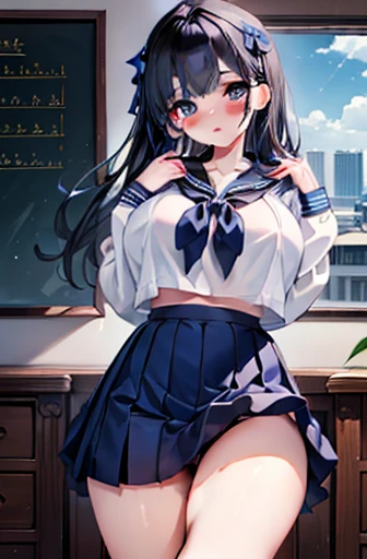 (Best Quality), (((masterpiece))), (One girl), Sexy, Big body, Black Hair, Beautiful Blue Eyes, ((A proper sailor uniform)), classroom, ((Big Breasts)), ((A neat navy blue mini skirt)), (Neat sailor ribbon), ((Perfect fingers)), (Perfect Anatomy), (Perfect...