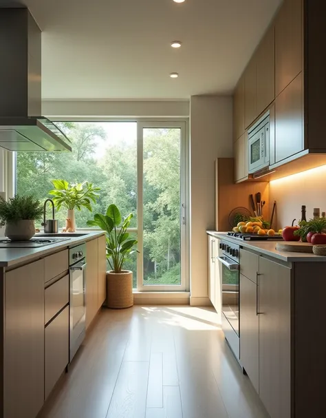  A kitchen with energy-efficient appliances, highlighting their features.