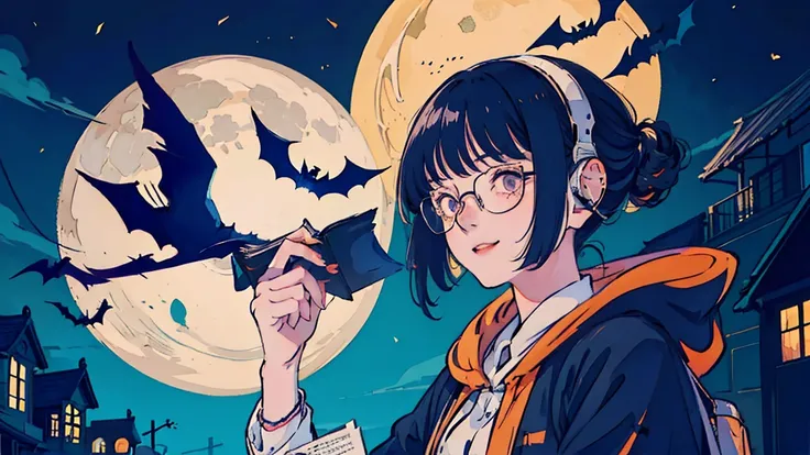 anime　girl　Black Hair　Glasses　Shooting her from afar　smile　Headphones　Short　night景がきれいなカフェ　 night　The moon is big　Shooting Star　Bats are flying　Reading a book　The streets are Halloween