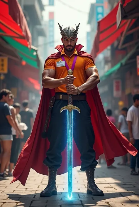 1 muscular handsome asian man with dr.strange cloak and  orange polo t-shirt and black pant with magenta layard Id and thor helmet mencabut pedang dari lantai di dalam pasaraya