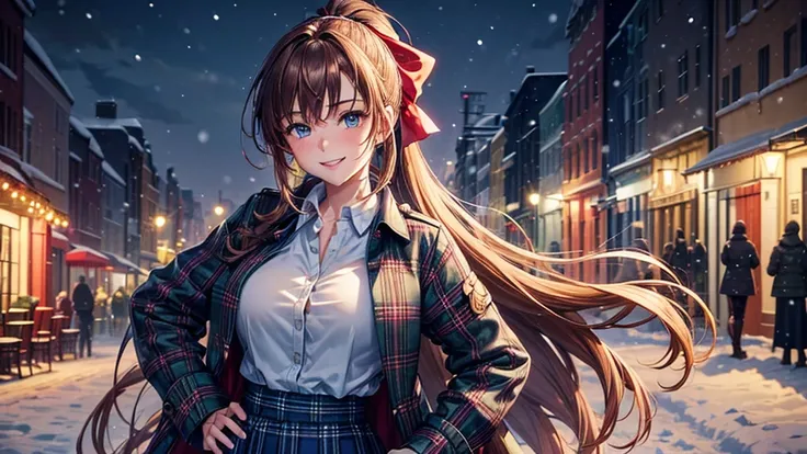 1girl, solo, full body, christmas, ((christmas tree)), street, night, lights, snow, brown hair, ponytail, large breasts, button down, ((winter coat)), dark blue eyes, ((blue checked shirt)), ((unbuttoned shirt)), ((long skirt)), smile, looking at the viewe...