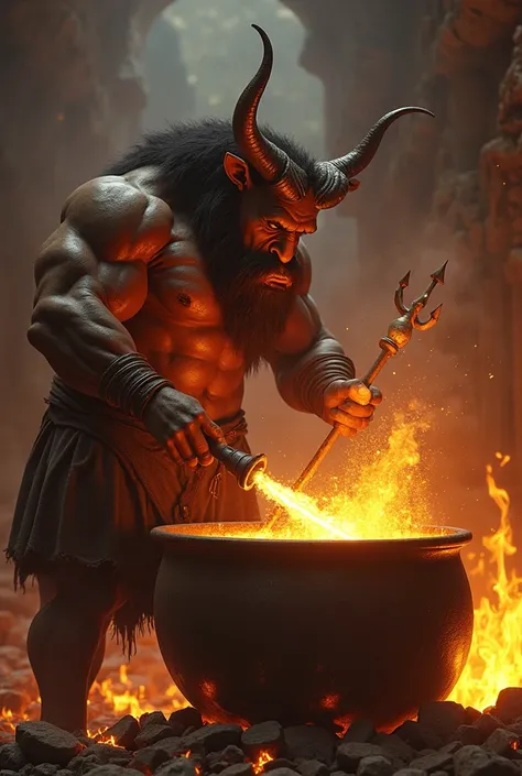 An imposing blacksmith minotaur, with well-defined muscles and majestic horns, is working intently. He plunges a sparkling golden trident into a bubbling, incandescent magma that simmers and crackles, emitting flashes of heat. The setting is an ancient met...