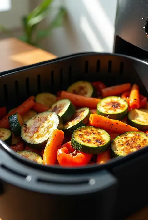 A highly realistic image of chopped vegetables including bell peppers, zucchini, eggplant, and carrots, all seasoned with spices and placed inside an air fryer basket. The vegetables are sliced into bite-sized pieces, showing their bright colors, and appea...