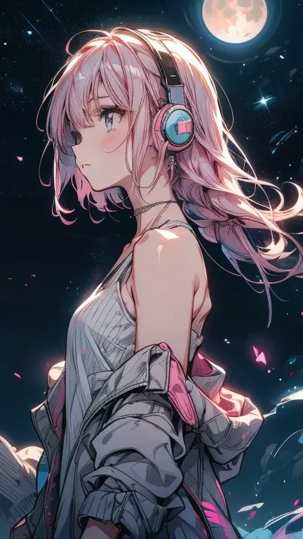 Pink Hair，whole body,front,Wearing a white tank top,Light clothing in summer，night starry sky background，Sad expression，Double Tail,headphone,night,moon,Star,meteor,Looking up at the stars,Full moon,Many Stars,milky way