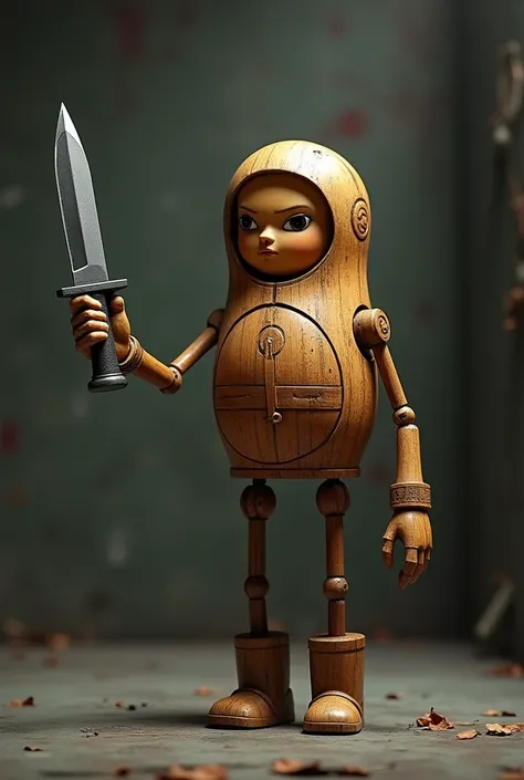 Matryoshka doll with arms and legs and a mafia doll-style knife