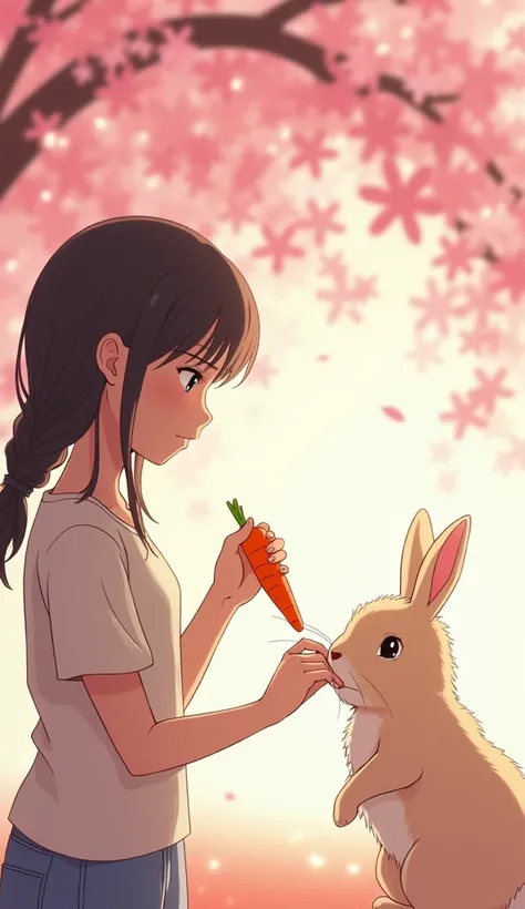 Make an animation of a cute and adorable rabbit that is so loved by its owner, a beautiful Japanese female rabbit owner, set under a cherry blossom tree, while being fed carrots, Then the rabbit was taken home and continued playing at home, the Japanese wo...