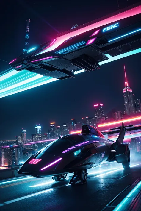 detailed artwork of cbbebop spaceship over a cyberpunk city at night detailed, neon lights, epic sky, undefined