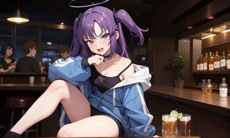 One girl, (Anime Style) ,Purple eyes , Purple Hair,halo, two side up ,Yuukaba , hoodie , zip on hoodie , half unziped hoodie , My chest is glowing , smile , Staring at the viewer , High resolution , 8k ,masterpiece ,Drinking alcohol ,Being at a bar ,Sittin...