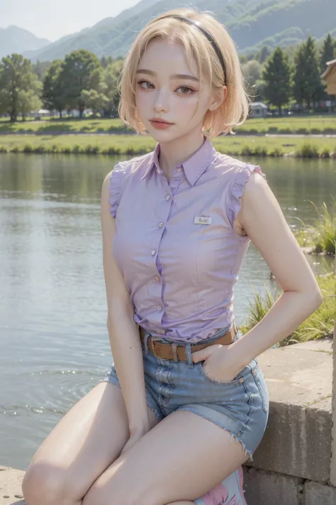 1girl ((30 years old woman)), NOT Dasha Taran, standing position, perfect body, best quality, 32k, photograph, full body (head to toe), tone mapping, ((houjou satoko,short hair,black hairband,blonde hair,violet eyes,hair between eyes,collared shirt,sleevel...