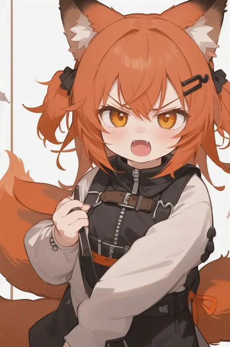 One girl, solo,Orange Hair, Brown Hair, Inner Color, Wolf Cut, Fox Ears, Animal Ears, Blushing, The fangs are sharp, Angry, hairpin, 