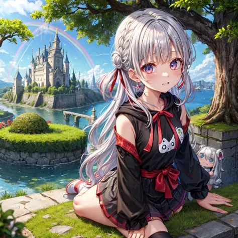 Rainbow red and silver hair、Rainbow Eyes、Wavy Hair、Hair tied up、Two cute、Checked mini skirt、Black T-shirt、Long sleeve、wearing a hood、Black knee-high socks、Teeth are visible、Old Castle、Tilting face、lawn、In front of the city gate、The stone is cracked、Uneven ...