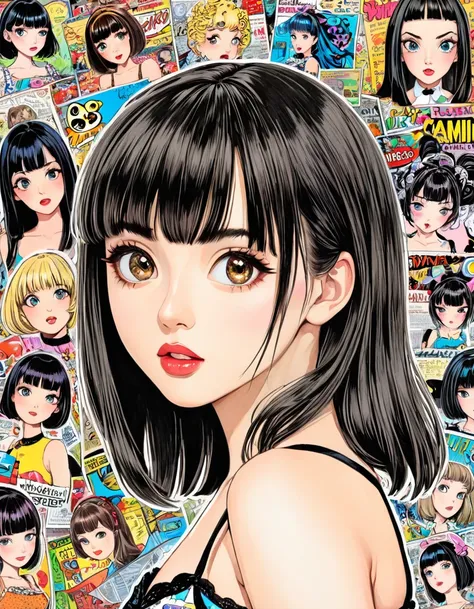 sensual woman, Highly detailed beautiful face, Symmetrical Trimmed Neat Straight bangs, Short camisole, art, advertisement, Colored pencil drawing, draft, Comic Collage, Extensive use of collage techniques, Based on cute designs and characters, the images ...