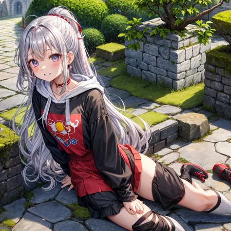 Rainbow red and silver hair、Rainbow Eyes、Wavy Hair、Hair tied up、Two cute、Checked mini skirt、Black T-shirt、Long sleeve、wearing a hood、Black knee-high socks、Teeth are visible、Old Castle、Tilting face、lawn、In front of the city gate、The stone is cracked、Uneven ...