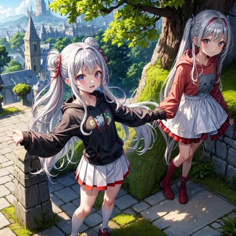 Rainbow red and silver hair、Rainbow Eyes、Wavy Hair、Hair tied up、Two cute、Checked mini skirt、Black T-shirt、Long sleeve、wearing a hood、Black knee-high socks、Teeth are visible、Old Castle、Tilting face、lawn、In front of the city gate、The stone is cracked、Uneven ...