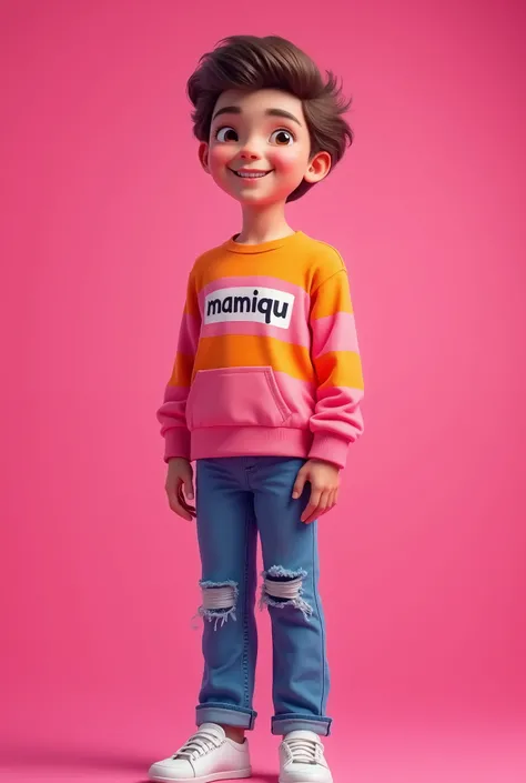 A teenage boy, wearing a long-sleeved shirt with pink and orange stripes that said "MamiQu", denim pants, white shoes and with a friendly smile on his face, and a pink background behind it