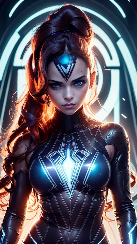 create a cyberpunk-style female superhero that has the traits of Spider-Man and Black Panther, with photorealistic qualities. This character will have a beautiful and detailed face with cybernetic elements, like a futuristic female cyborg with holographic ...