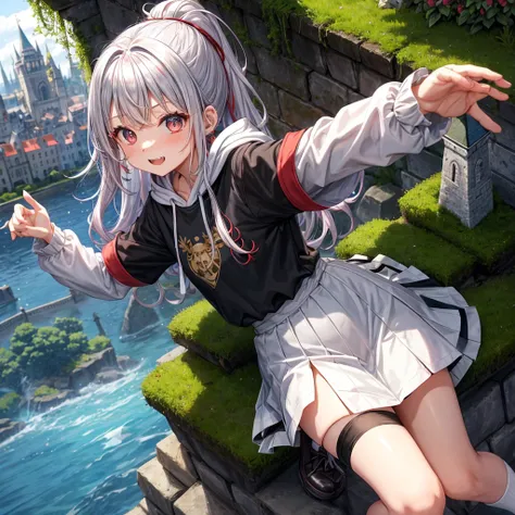 Rainbow red and silver hair、Rainbow Eyes、Wavy Hair、Hair tied up、Two cute、Checked mini skirt、Black T-shirt、Long sleeve、wearing a hood、Black knee-high socks、Teeth are visible、Old Castle、Tilting face、lawn、In front of the city gate、The stone is cracked、Uneven ...