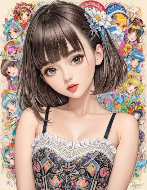 sensual woman, Highly detailed beautiful face, Symmetrical Trimmed Neat Straight bangs, Short camisole, art, advertisement, Colored pencil drawing, draft, art collage, Based on cute designs and characters, the images expressions are fantastical.