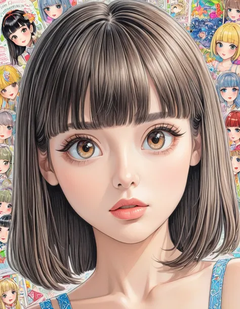 sensual woman, Highly detailed beautiful face, Symmetrical Trimmed Neat Straight bangs, Short camisole, art, advertisement, Colored pencil drawing, draft, art collage, Based on cute designs and characters, the images expressions are fantastical.