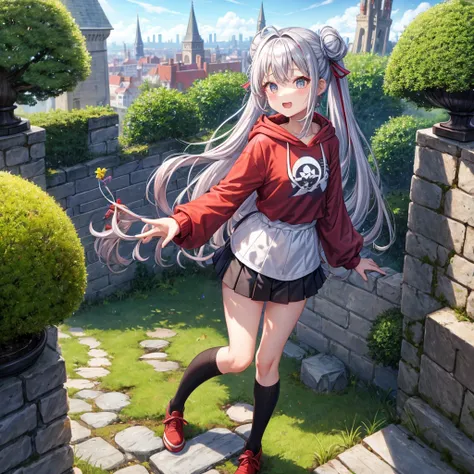 Rainbow red and silver hair、Rainbow Eyes、Wavy Hair、Hair tied up、Two cute、Checked mini skirt、Black T-shirt、Long sleeve、wearing a hood、Black knee-high socks、Teeth are visible、Old Castle、Tilting face、lawn、In front of the city gate、The stone is cracked、Uneven ...