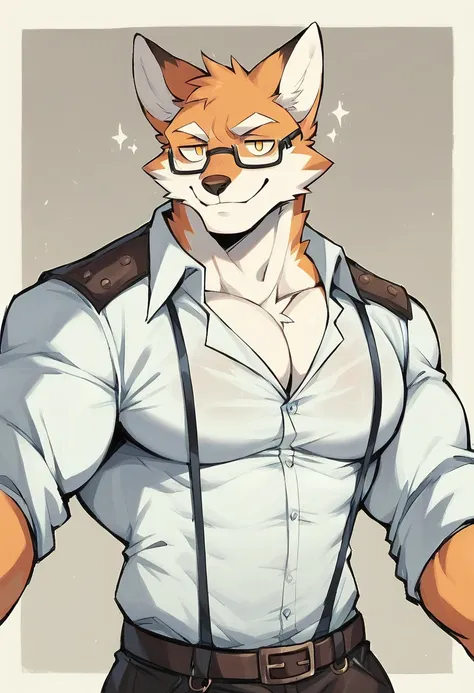 A  fox, steampunk clothes, with glasses, 8k, ultra clear, ((pecs rip his shirt)), (pecs rip apart the shirt), exploding shirt, white shirt, blink an eyes, sexy smile