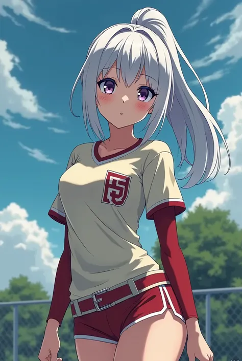 HD、Animation style、white hair 、Purple Eyes、girl、plump breasts 、High school student 、single ponytail、Baseball player、Light color short sleeve top、Long sleeve red underwear、Good shape、Thin、sash、Sky、cloud、sunny、plump breasts、Navel exposed、dazzler、Breasts expo...