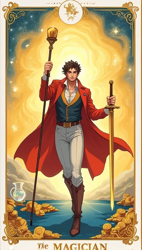 ออกแบบtarot card "the magician" Anime style with handsome characters, left hand holding a staff raised to the sky, right hand pointing at the ground with a sword., Water Cup, Staff, Coins on the table