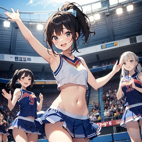 One high school girl、Black Eyes、Black hair ponytail、smile、Open your mouth、Small breasts、Cheerleader、Dynamic Angle、blue sky、From below、White panties,Raise your hands、Lift one leg