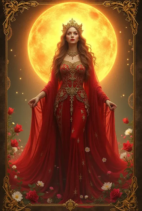 Photo showing the Empress Tarot cards, dressed in red and gold, sun in the background