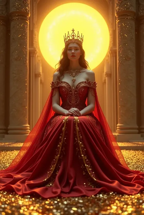 Photo showing the Empress Tarot cards, sun in the background, Gold on the ground, red and gold dress, written empress