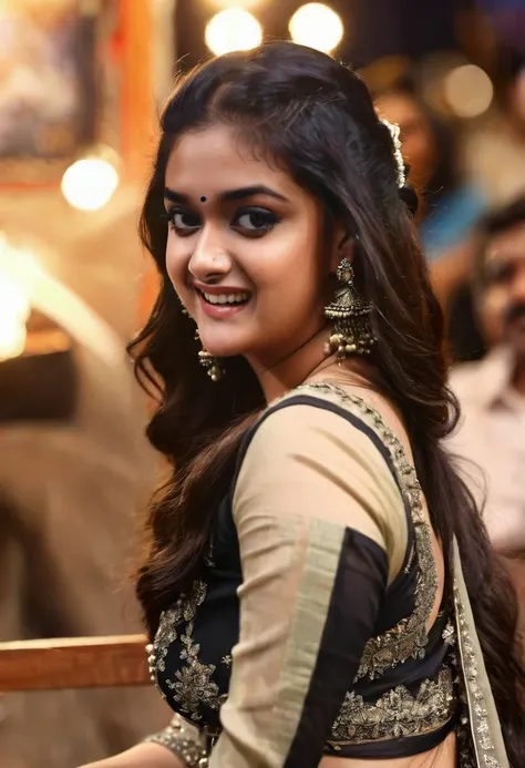 portrait of a confident-looking indian beautiful actress keerthi suresh, royal princess with long flowing hair, hazel eyes, wear...