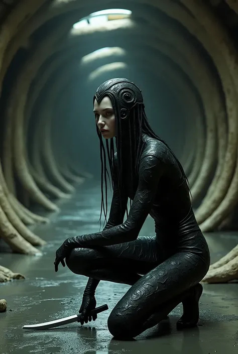 dans un vaisseau biomécanique style hr giger. couloirs organique, ambiance sombre. très de lumière. accroupie avec un couteau, une femme assassin, en combinaison organique par une une substance noire, donnant un cuire dur et épaisse, avec des motif de spir...