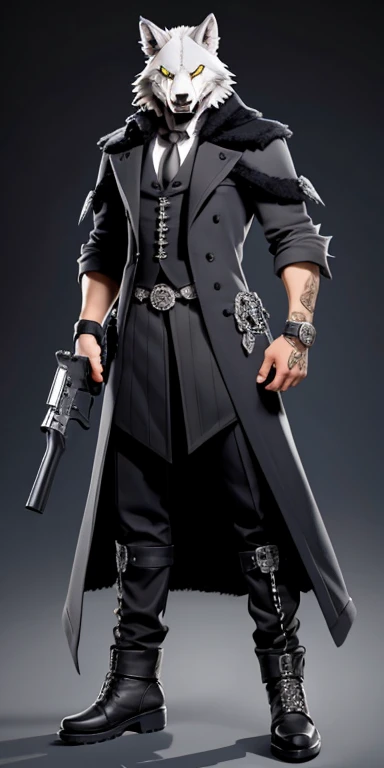 gray wolf looks like a man. in clothes. with a gothic style pistol 