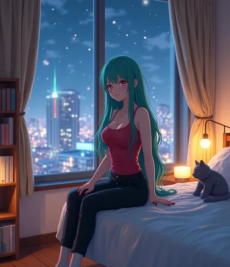 an 1 anime style woman, anime To love ru, sitting on the edge of her bed in her room, spotlights on, on the fifth floor of a white building with wooden floors, Tokyo City, beige curtains, tidy bed, celestial mantle, bookshelf, Through the window you can se...