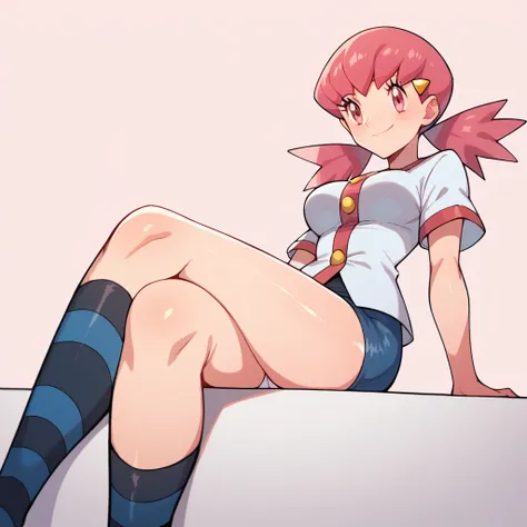 score_9, score_8_up, score_7_up, defwhitney, whitney \(pokemon\), 1girl, arm support, blush, smile, breasts, buttons, 3 bottons,...