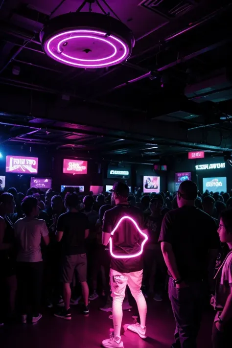 a nightclub full of people dancing hip hop with neon lights