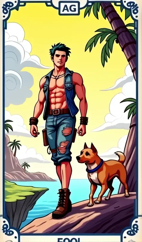 ออกแบบtarot card "the fool" Anime style with handsome characters, wearing ripped clothes, strong muscles, and a cute dog following behind.