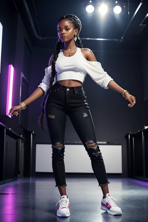 young black woman dancing on the nightclub floor. wearing a cropped top, jeans and white sneakers, braided hair