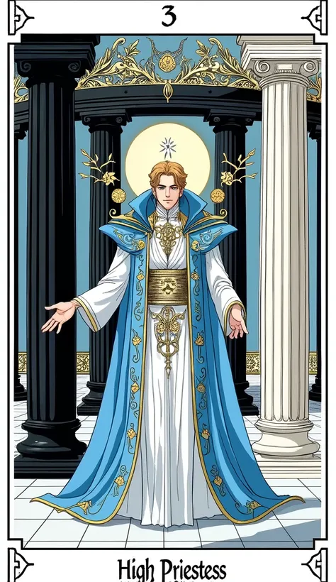 ออกแบบtarot card "the high priestess" Anime style with handsome male characters, black pillars on the left and white pillars on the right. 