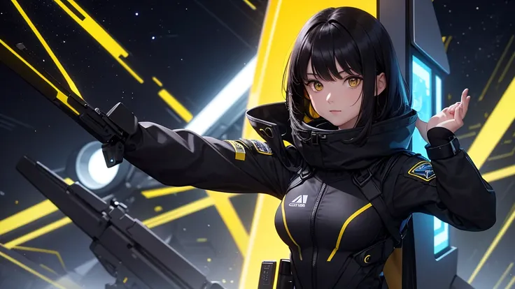 from the future intelligence, background tech, confident look, space black pioneer dress, yellow eyes, dark hair