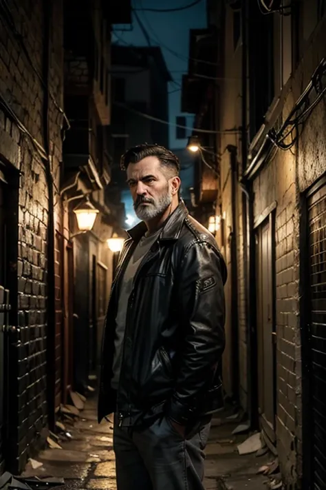 a man (40 something years old, Middle East, dark hair, gray beard) is alone in a poorly lit alley, his figure silhouetted by a flickering street light. He looks at his hands, that are clenched into fists, but his expression softens, showing a battle betwee...