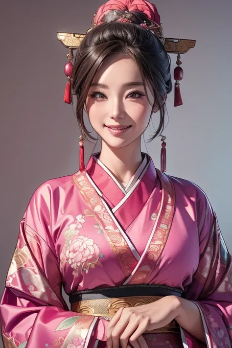 ((UHD, masterpiece, accurate, anatomically correct, super detail, best quality, 4K)), a Ancient Chinese Women, wearing a decorated pink Kimono-dress, smiling suspiciously, on a Ancient Chinese Palace