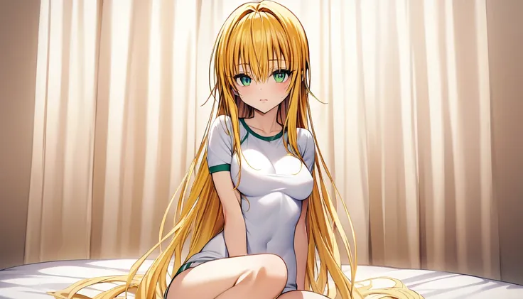 One girl, Long, flowing golden hair,masterpiece, Best Quality, Absurd,(tearju moody, long hair, blonde hair, (green eyes:1.5), sidelocks,),(Fits your body,White sportswear),masterpiece, Anatomically correct, Sitting on the bed