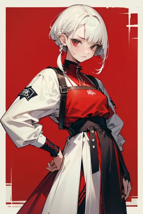 Short white hair, , ゴシック調のClothes、Punk Fashion、Clothes、Front、Excellent。Red dress、The background is white、Braids、((Embarrassing)).((でEmbarrassing)),