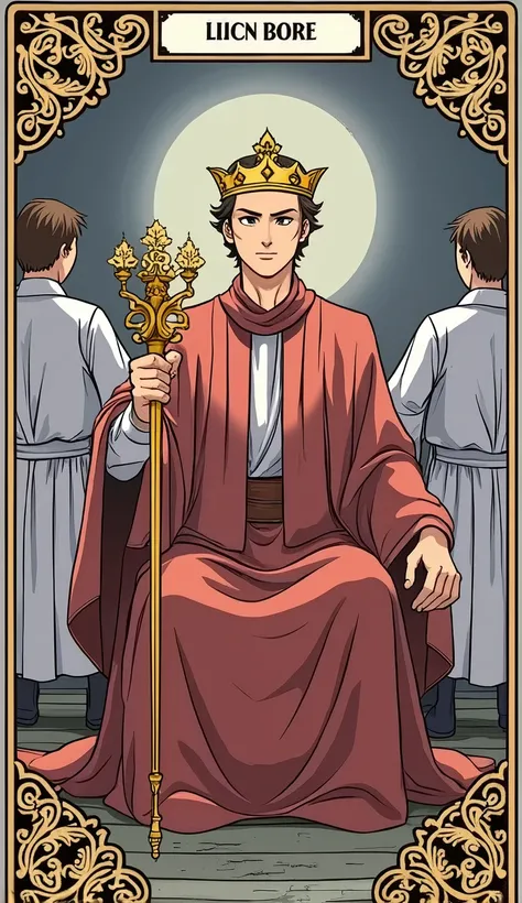 ออกแบบtarot card "the hierophant" Anime style image with a handsome male character wearing a monk&#39;s robe sitting, holding a golden staff, wearing a golden crown, with two devotees standing with their backs to him.