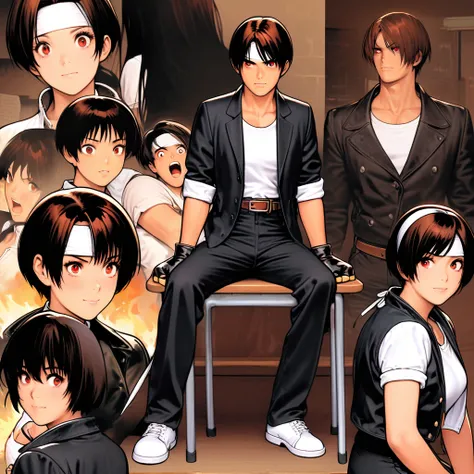 ((top quality)), ((masterpiece)), (detail), students sitting at desks with surprised expressions, female, dark hair, red eyes, short cut, ((black jacket with rolled up sleeves)), fingerless gloves, white t-shirt, ((white headband)), black pants, white shoe...