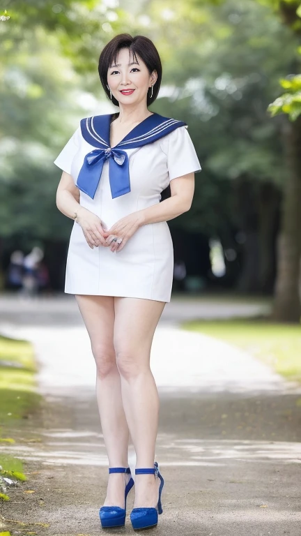 japanese mature,(60 years old:1.2),white skin,(plump figure,large breasts,emphasizes plump thighs:1.1),(sailor mercury:1.2),wear...